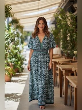 Max Studio NWT Boho Tile Print Maxi Dress Smocked Waist Medium